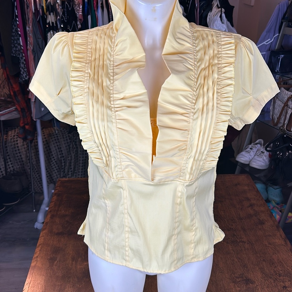 Antilia Femme Pale Yellow Ruffle Front Short Sleeve Blouse